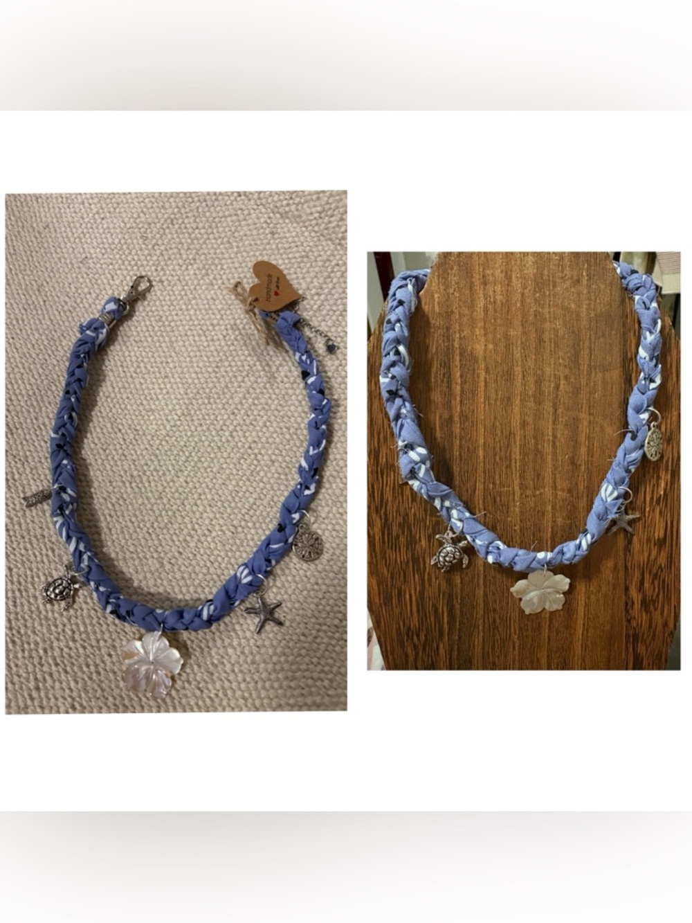 Handmade Braided distressed periwinkle bandana ocean theme Charm Necklace